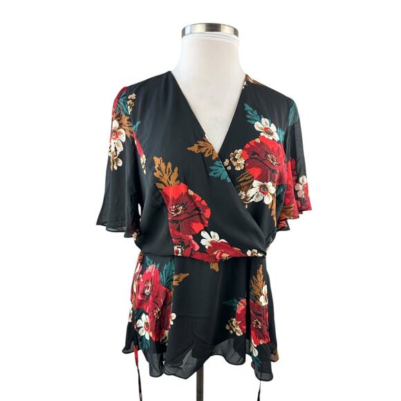 NWT City Chic Valencia Faux Wrap Tie Babydoll Blouse Floral Top Plus Size M 18 - Picture 2 of 14
